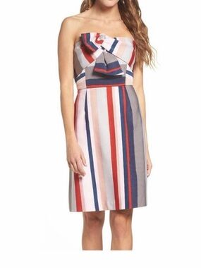 Sam Edelman Strapless Bow Sheath Dress in Red, Navy & Pink